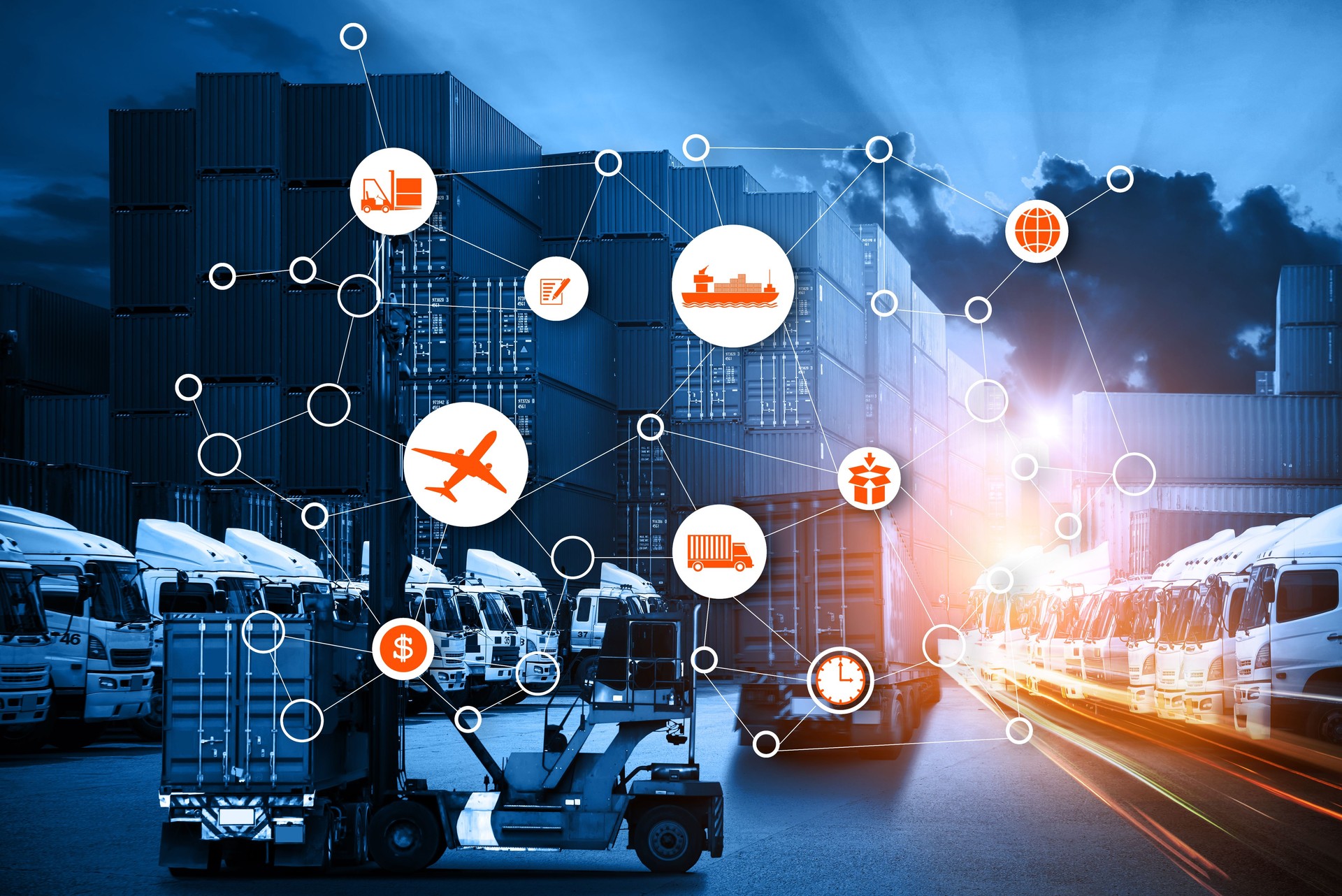 Concepto de logística empresarial, negocios tecnología interfaz socio global conexión de buque de carga de carga de contenedor