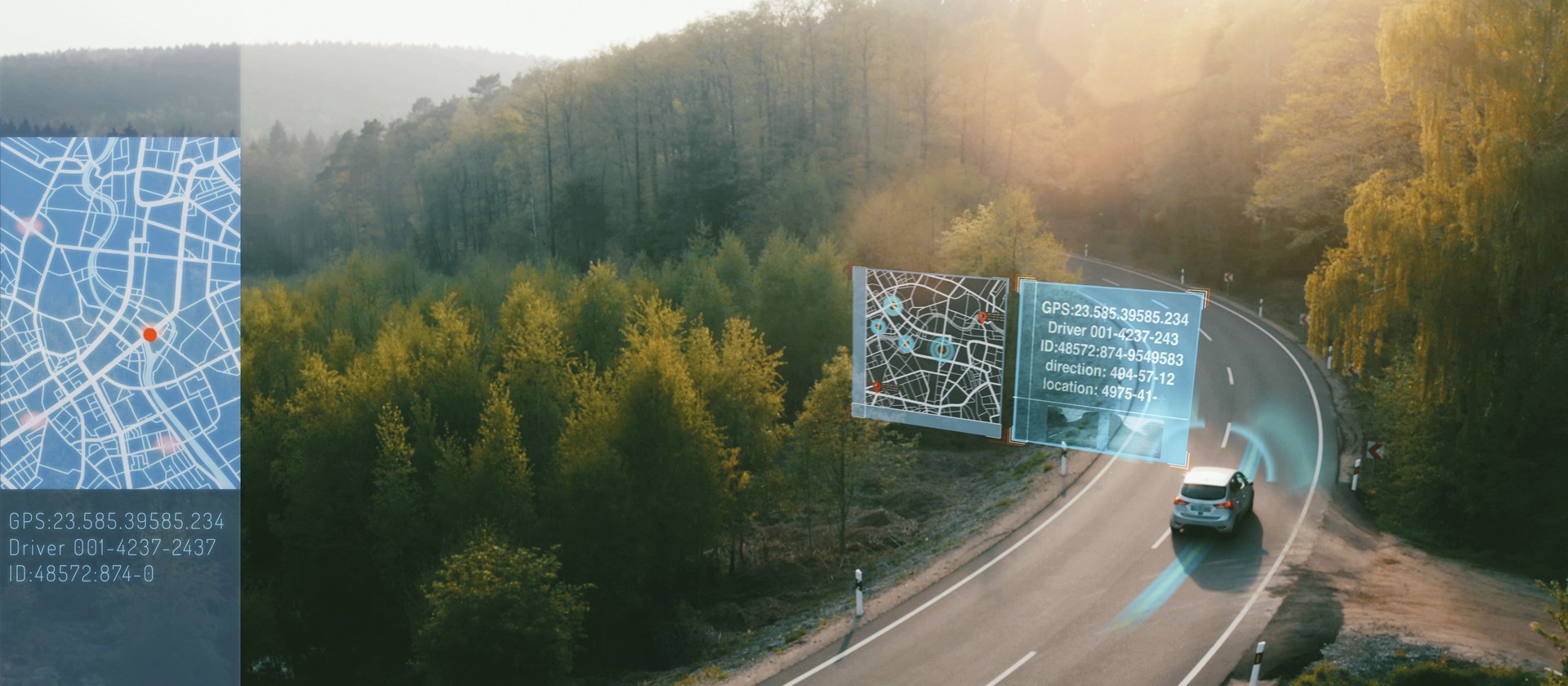 Coche eléctrico autónomo que conduce en una carretera forestal con información de seguimiento del asistente de tecnología, que muestra detalles. Clip de efectos visuales: los gráficos son esenciales